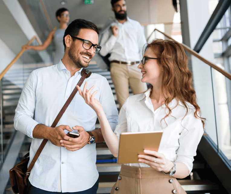 A man and a woman discussing subrogation.